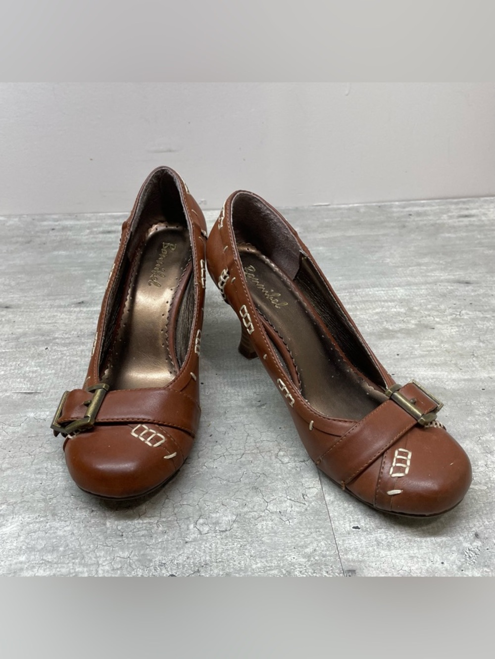 Bonibel‎ Buckle Whipstitch Heels Women 5.5 Brown Good Vintage Retro Spool Pump